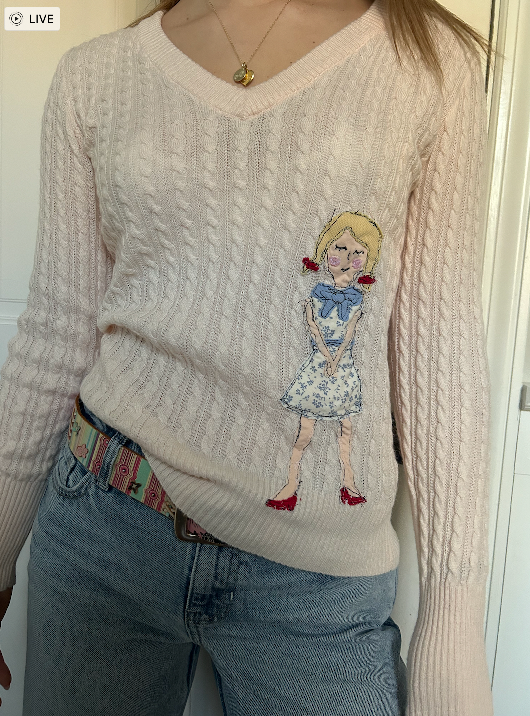 Pink V Neck Sweater with Girl Design