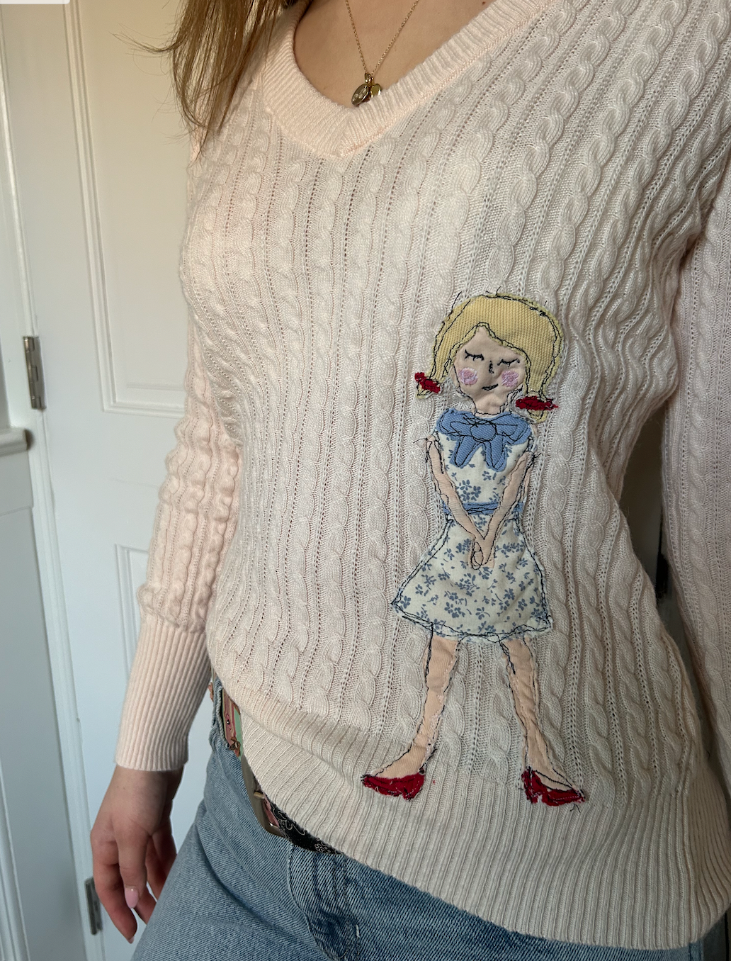 Pink V Neck Sweater with Girl Design