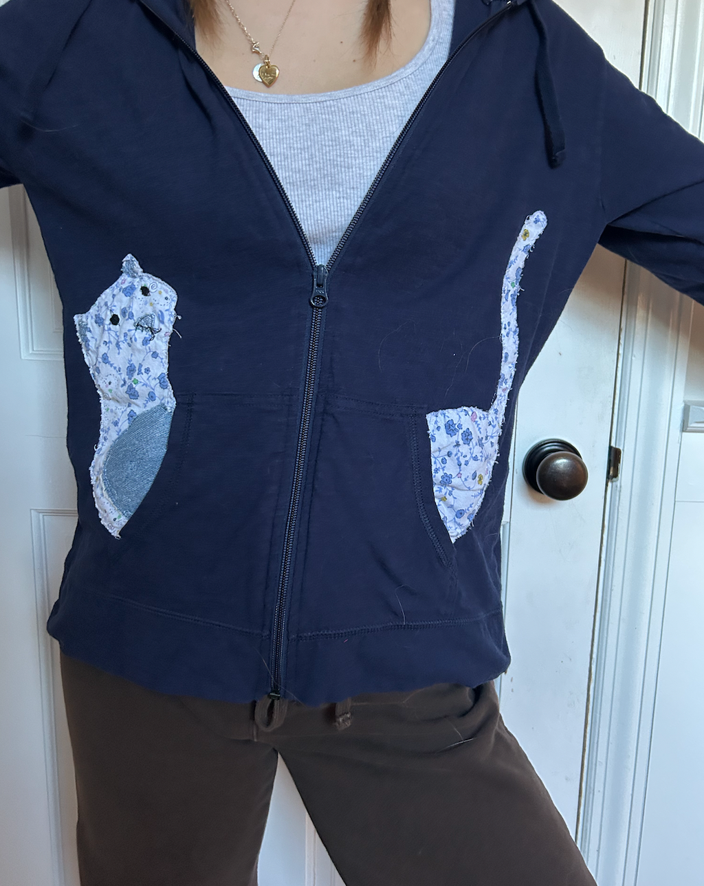 Cat Zip Up Navy Hoodie