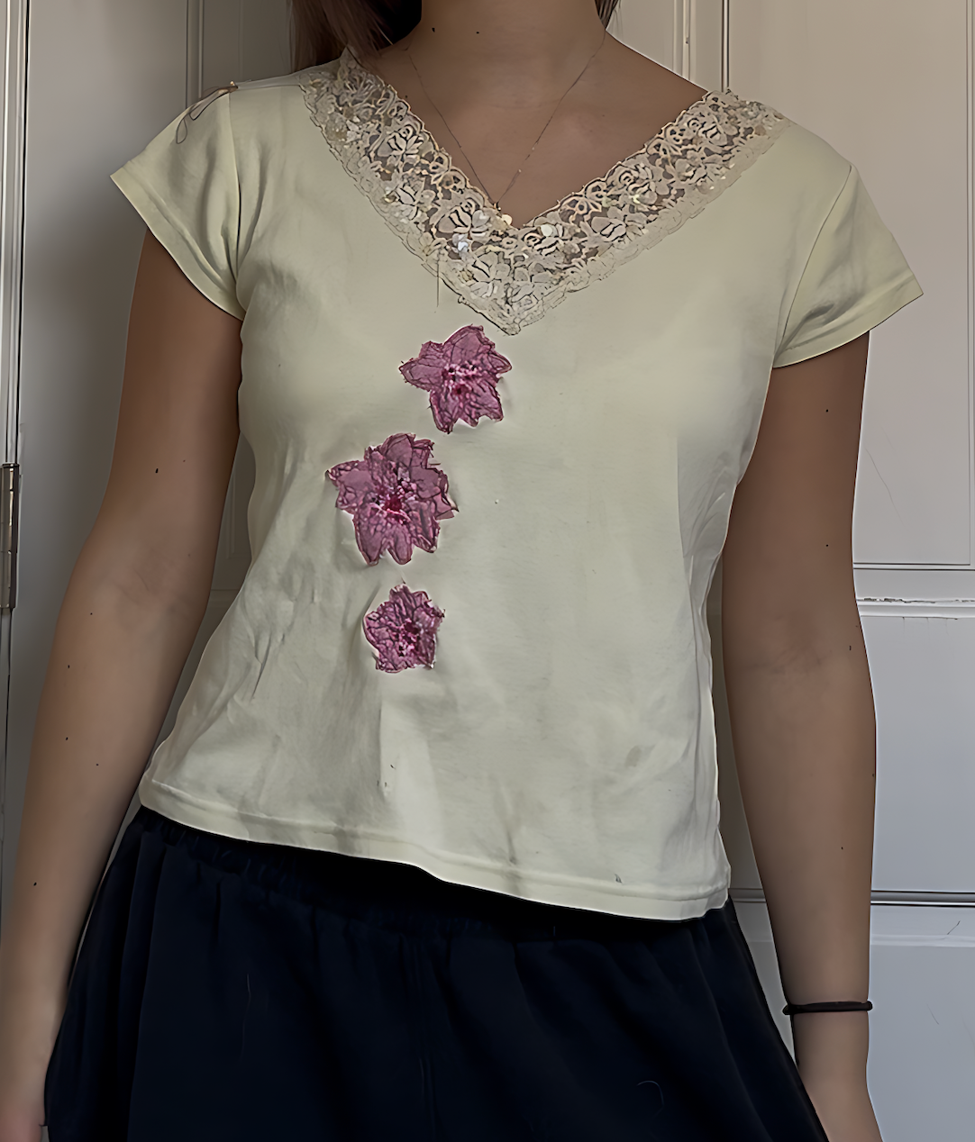 Short Sleeve Yellow Tee with Pink Flowers