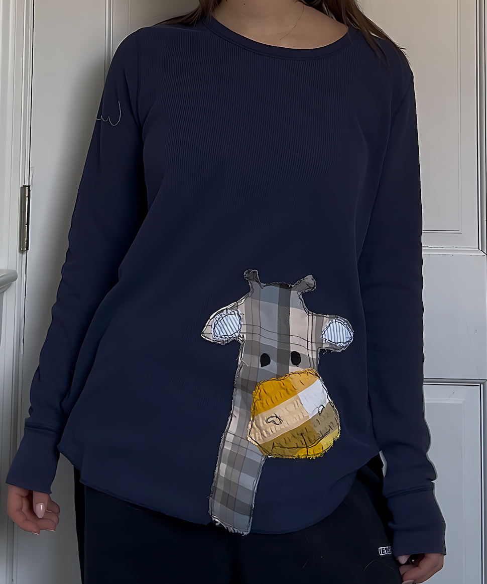 Giraffe Waffle Knit Long Sleeve - Navy