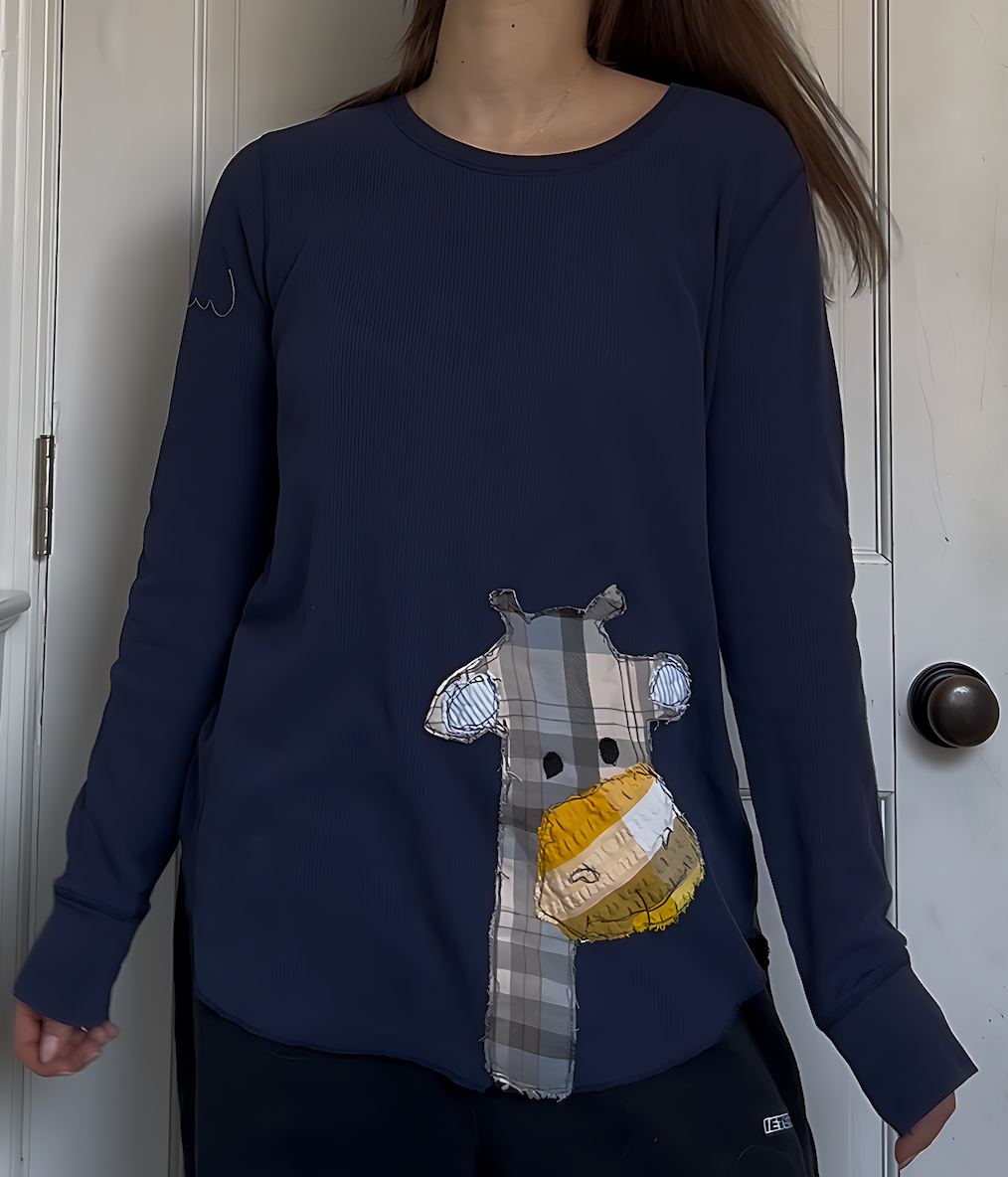 Giraffe Waffle Knit Long Sleeve - Navy