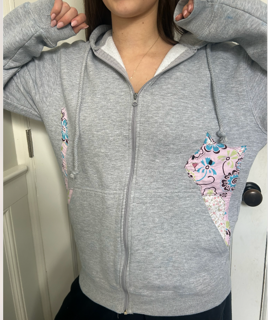 Cat in Pocket Grey Hoodie - BROKEN ZIPPER