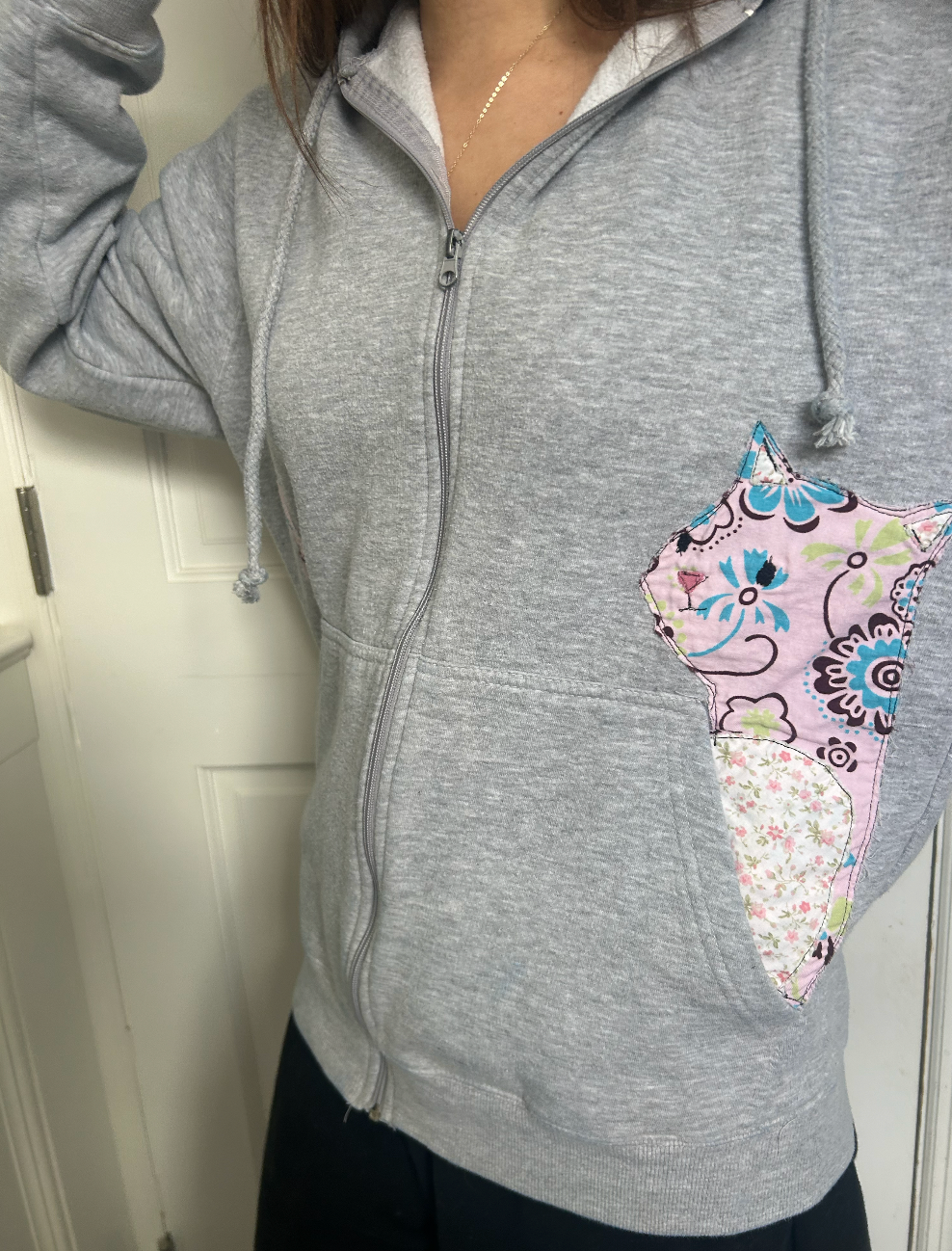 Cat in Pocket Grey Hoodie - BROKEN ZIPPER