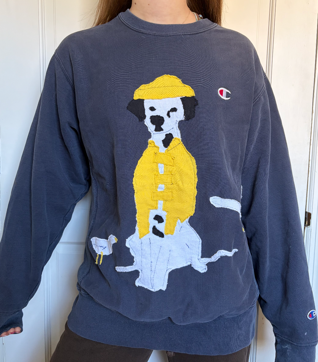 Dog in Raincoat on Navy Crewneck