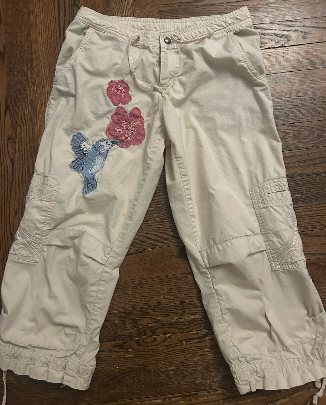 Reworked Hummingbird & Flowers Capri Cargo Pants
