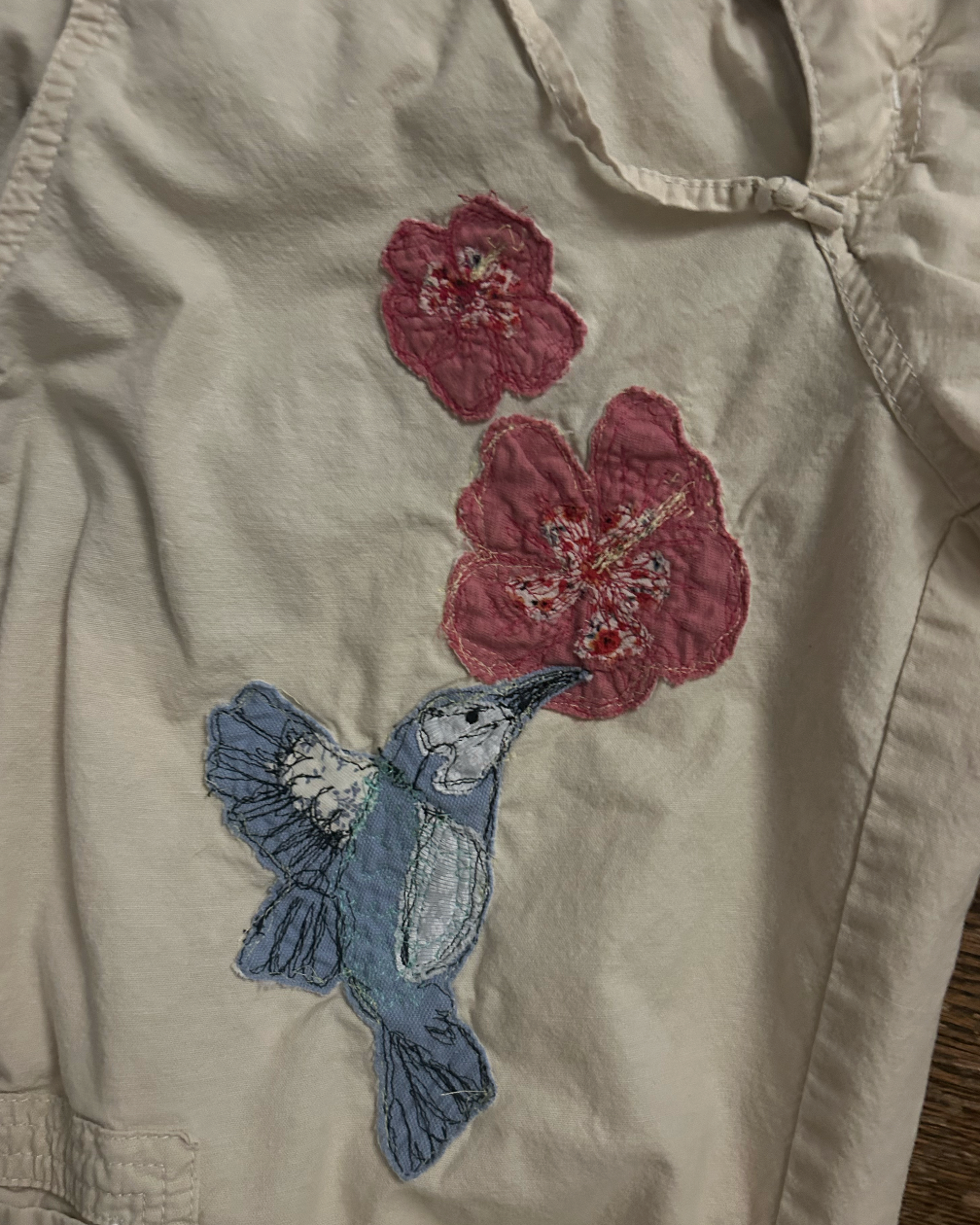 Reworked Hummingbird & Flowers Capri Cargo Pants