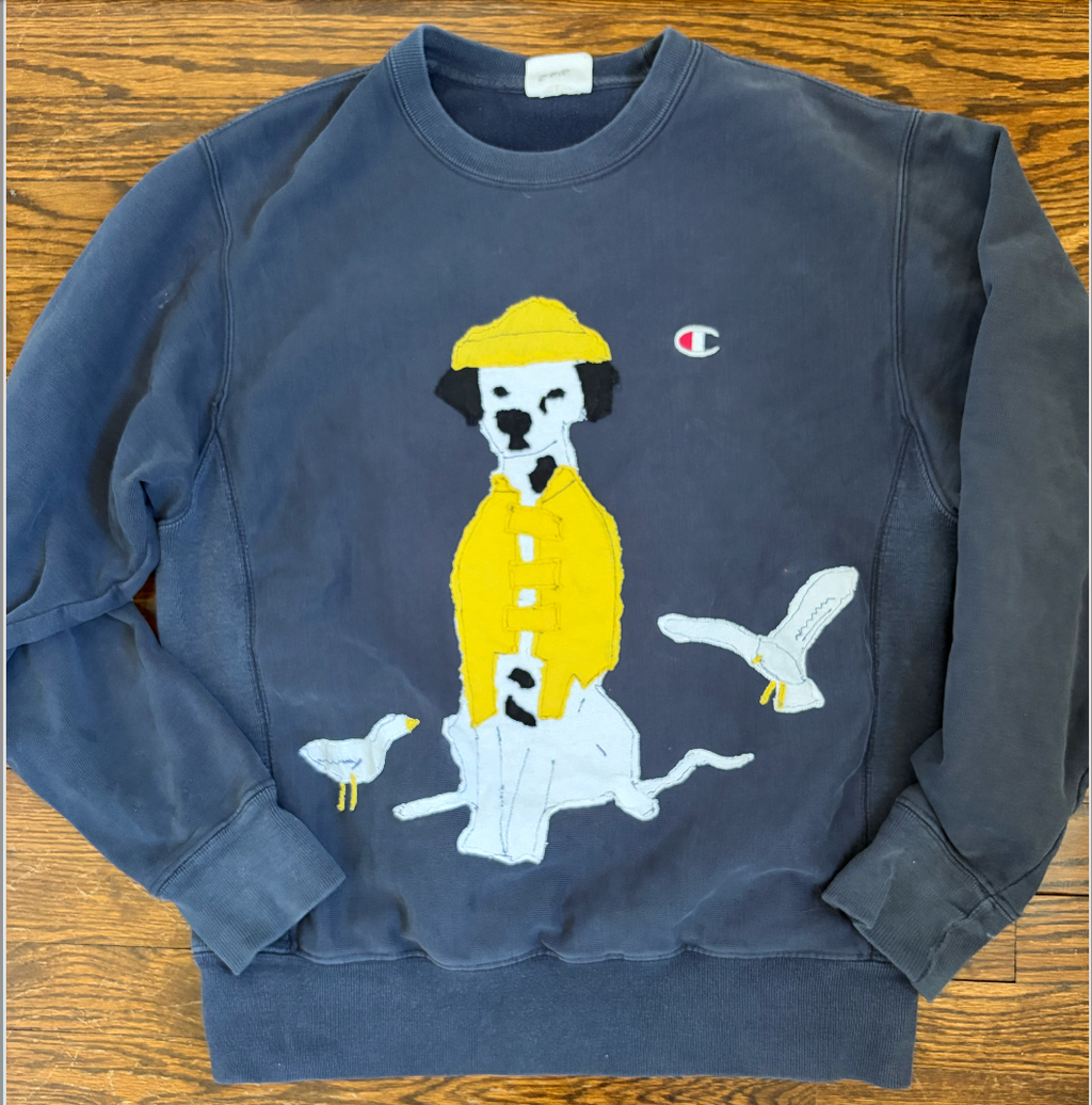 Dog in Raincoat on Navy Crewneck